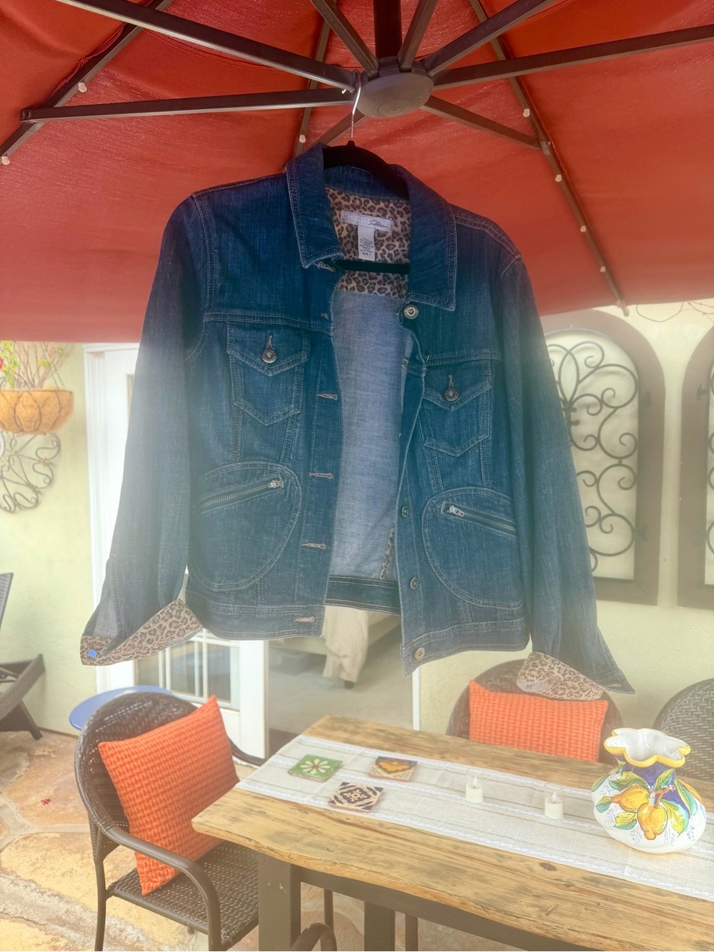 Chico's Blue Denim Jacket with Leopard-Print Trim